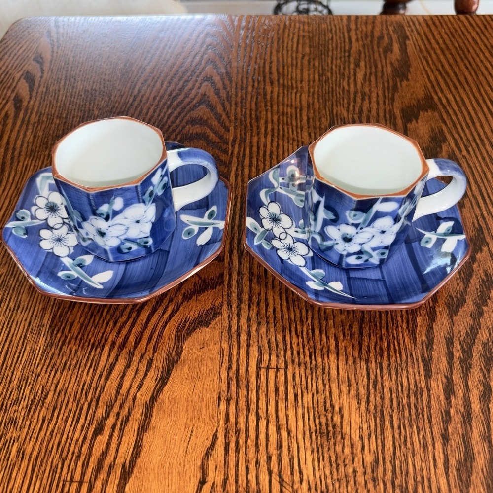 ASHIBI Porcelain Tea Cup Set, Blue and White Cherry Blossoms, Made In Japan - Picture 2 of 6
